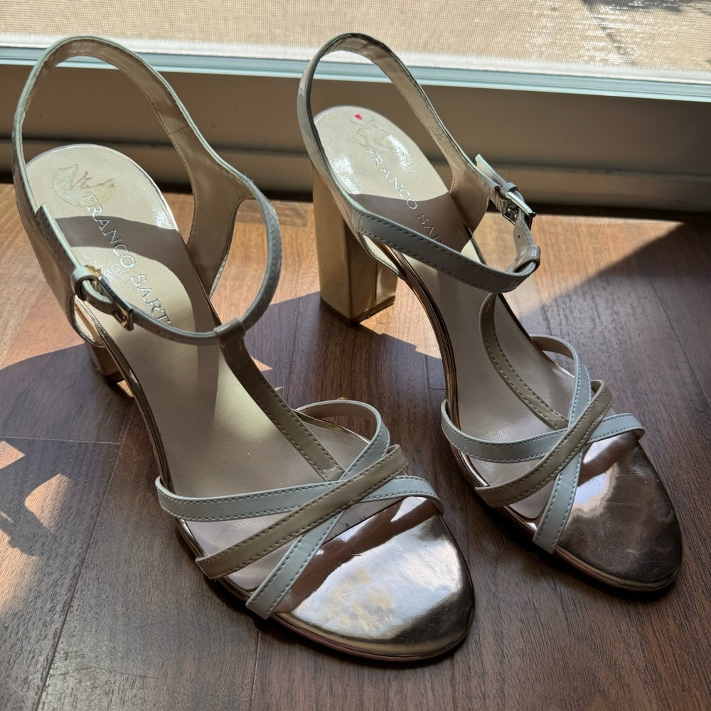 Franco Sarto Ebba Heels in Beige / white and blush metallic. 10 M sandals